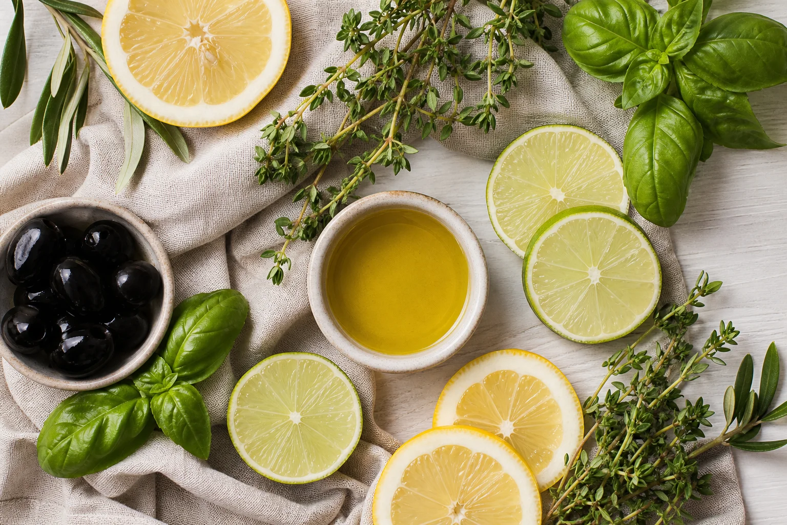 Flatlay: cytrusy, świeże zioła i oliwa z oliwek